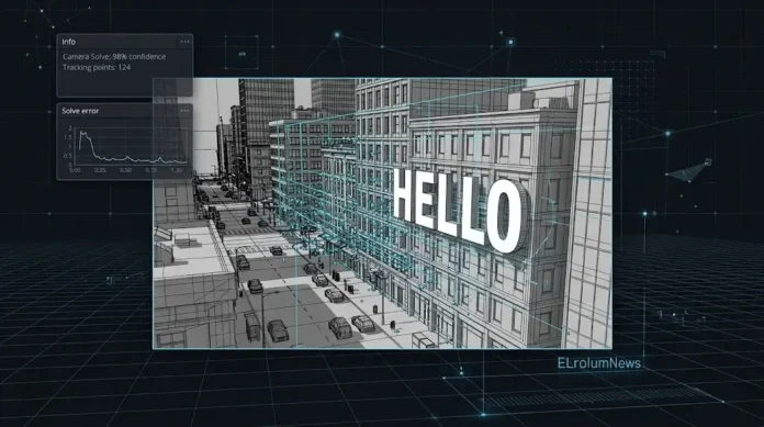 Ilustrasi wireframe 3D Camera Tracker di DaVinci Resolve Fusion dengan teks 3D