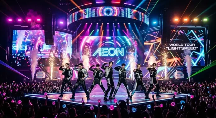 Penampilan grup K-Pop di panggung futuristik dengan koreografi sinkron, mencerminkan evolusi industri musik Korea yang mendominasi global di 2026