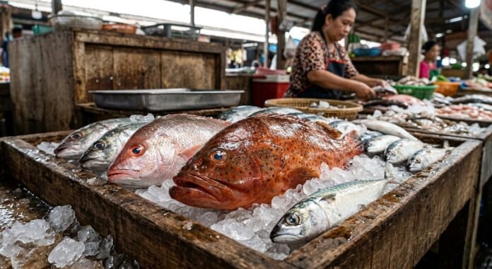 Ikan segar dengan mata jernih dan kulit mengilap, ciri utama ikan berkualitas baik di pasar.