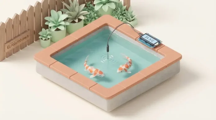 Ilustrasi 3D isometrik kolam koi dengan sensor suhu DS18B20, Arduino, dan LCD monitoring