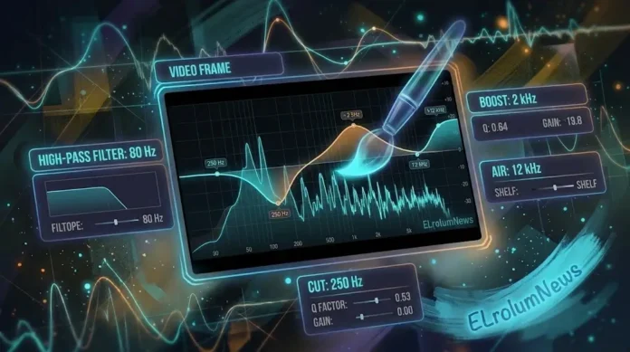 Ilustrasi audio waveform EQ DaVinci Resolve Fairlight dengan kurva frekuensi