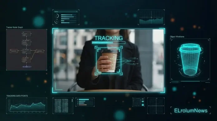 Ilustrasi sci-fi HUD motion tracking di DaVinci Resolve Fusion dengan kotak tracking