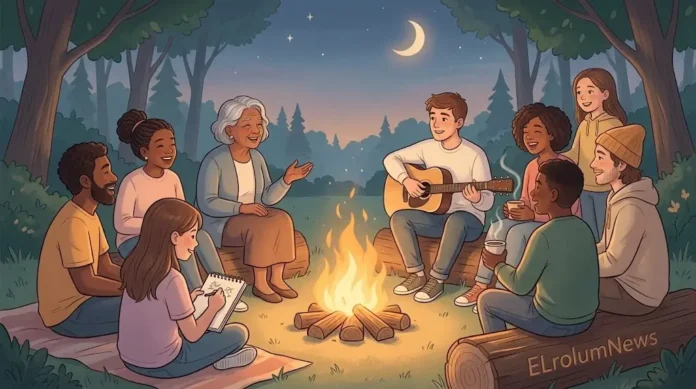 Ilustrasi komunitas beragam berkumpul di sekitar api unggun