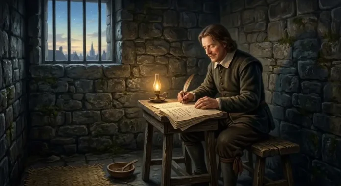 Ilustrasi - John Bunyan duduk di sel penjara yang sempit, menulis dengan pena bulu di atas tumpukan kertas, diterangi cahaya lampu minyak, melambangkan karya besar yang lahir dari tempat yang terbatas.