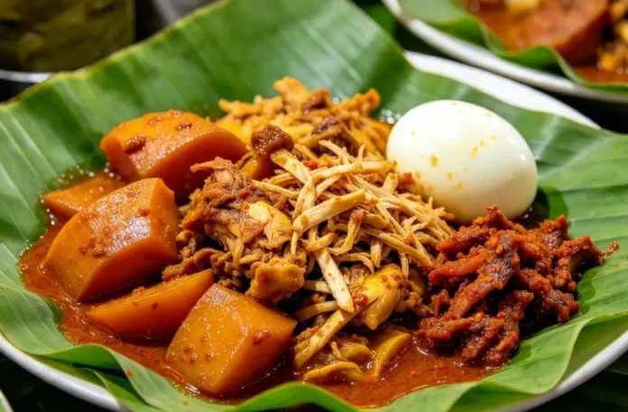 Gudeg Yogyakarta dengan warna cokelat kemerahan khas, disajikan bersama ayam suwir dan telur