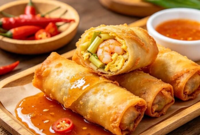 Lumpia Semarang goreng dengan isian rebung, udang, dan telur, disajikan dengan saus manis