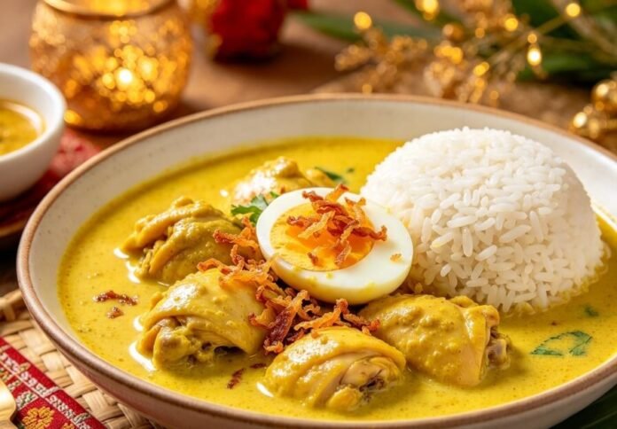 opor ayam (1) Opor ayam berkuah santan kuning dengan telur rebus, disajikan bersama lontong