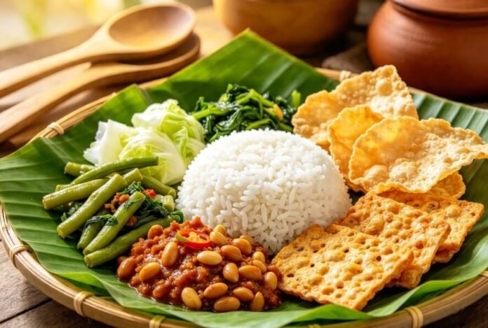 Nasi pecel Madiun dalam pincuk daun pisang dengan sayuran rebus, sambal pecel, tempe, dan rempeyek.