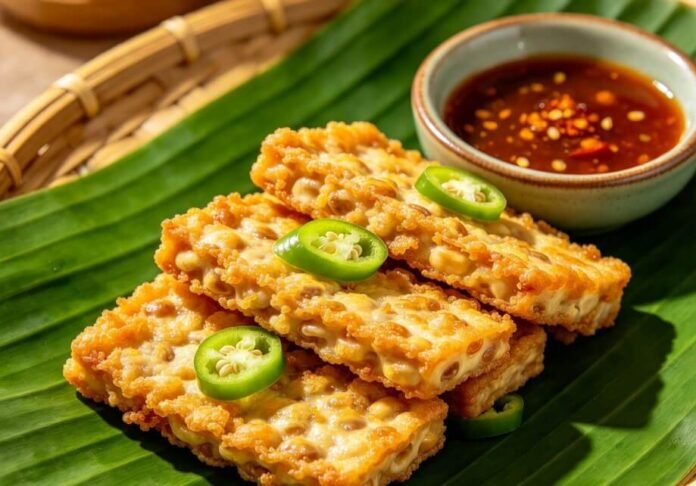 resep tempe mendoan (1) Tempe mendoan tipis dengan lapisan tepung berbumbu, disajikan bersama cabai rawit dan sambal kecap