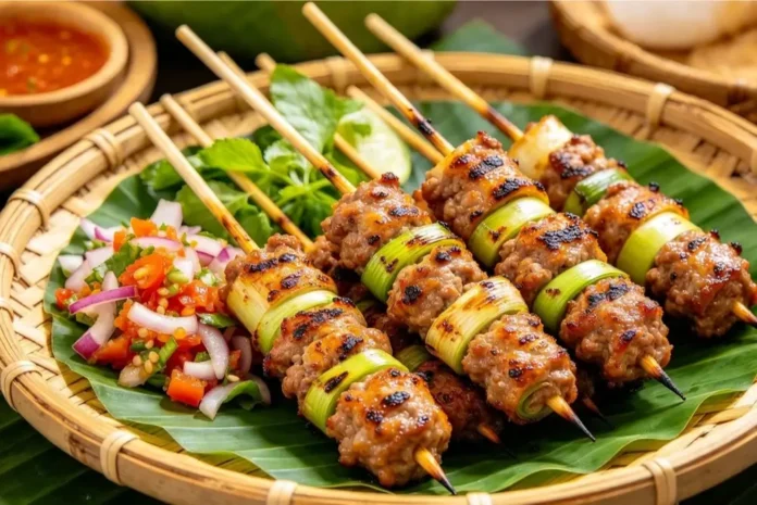 Sate Lilit Bali yang dililitkan pada batang serai, disajikan bersama sambal matah