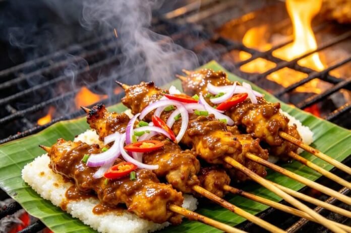 sate madura (1) Sate ayam Madura dengan bumbu kacang dan taburan bawang merah iris, dibakar di atas arang
