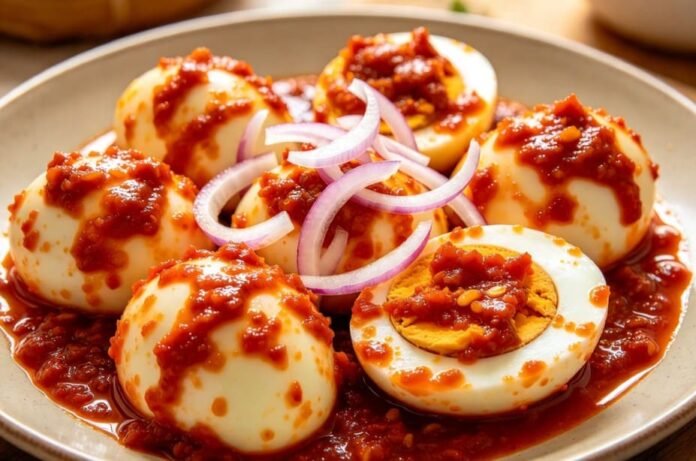 telur balado Telur balado dengan sambal pedas manis yang melapisi permukaan telur secara merata.