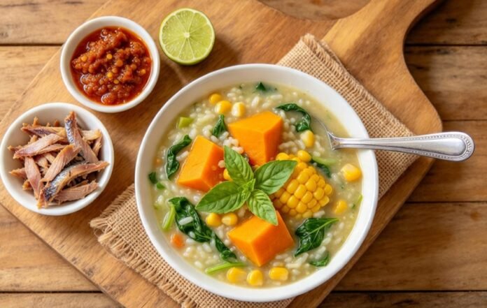 tinutuan Tinutuan atau bubur Manado dengan sayuran beraneka rupa, disajikan dengan sambal